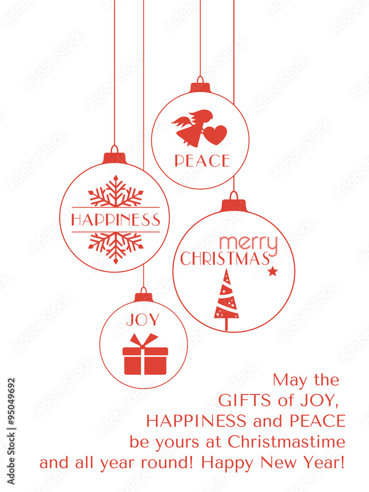Red Christmas typography card with hanging ornaments Red Christmas typography card with hanging ornaments