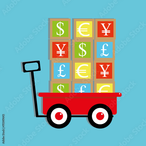 Childrens traditional toy pulling wagon loaded with play building blocks on which are the symbols of traded currencies for the Dollar, Pound, Euro, Yuan and Yen