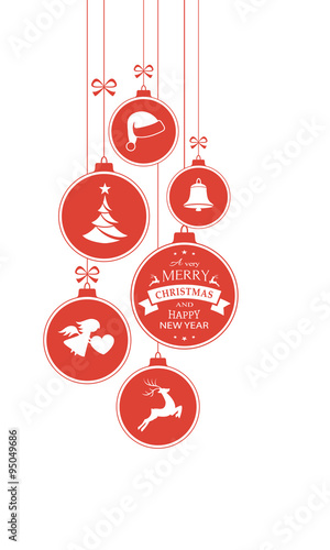 Monochrome red Christmas baubles on white, vertical border