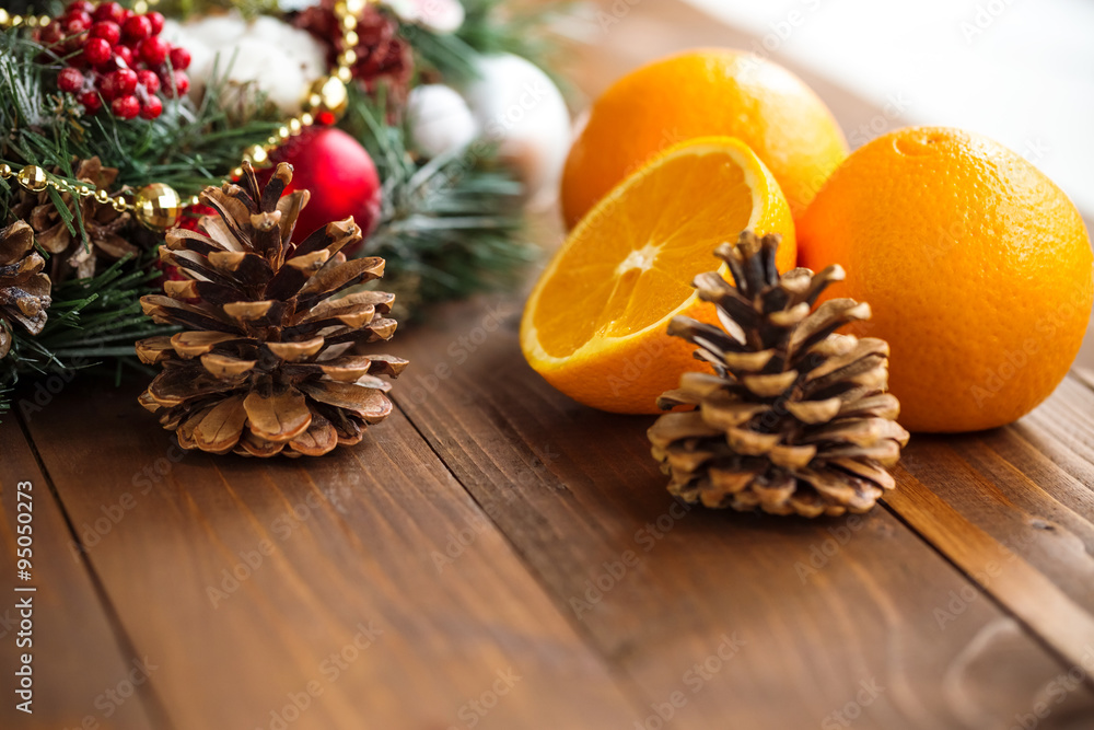 Oranges on the Wood Table with Christmas Background Oranges on the Wood Table with Christmas Background