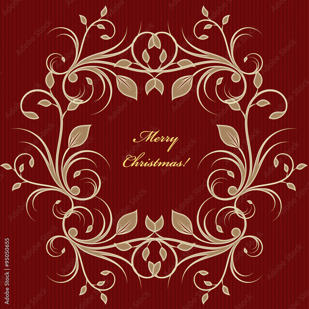 Christmas greeting card background with flourish pattern on red