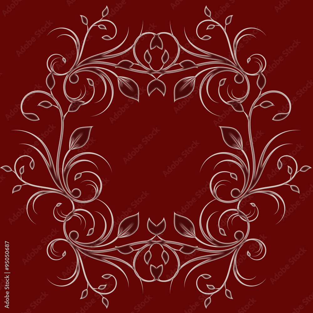 Holiday background with flourish design on red, greeting card