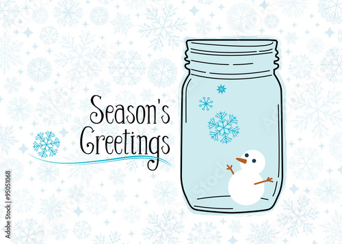Snowman in mason jar with snowflake background. Vector.
