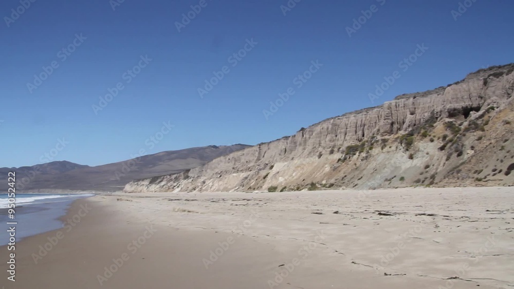 Jalama Beach Sandcliff and Shore / Panning from the Sand Cliffs of a California shore to the ocean and waves flowing onto the shoreline Jalama Beach Sandcliff and Shore / Panning from the Sand Cliffs of a California shore to the ocean and waves flowing onto the shoreline