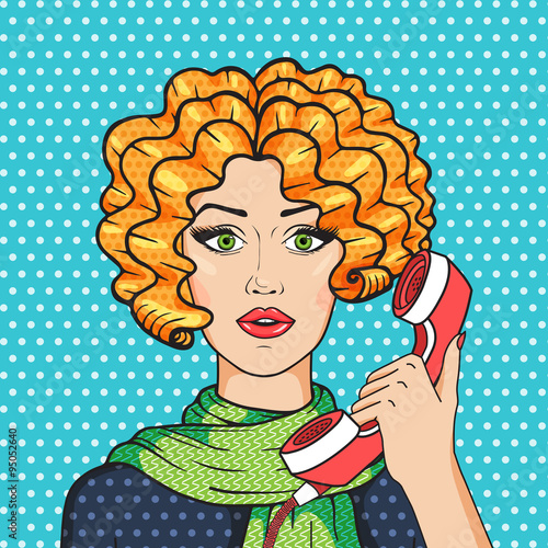Cute redhead woman talking on the phone pop art comic style vector illustration, vintage redhead girl in green scarf.