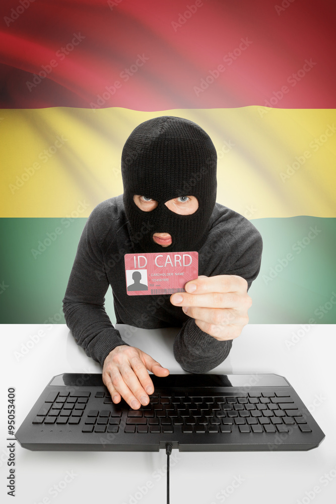 Hacker with flag on background holding ID card in hand - Bolivia Hacker with flag on background holding ID card in hand - Bolivia