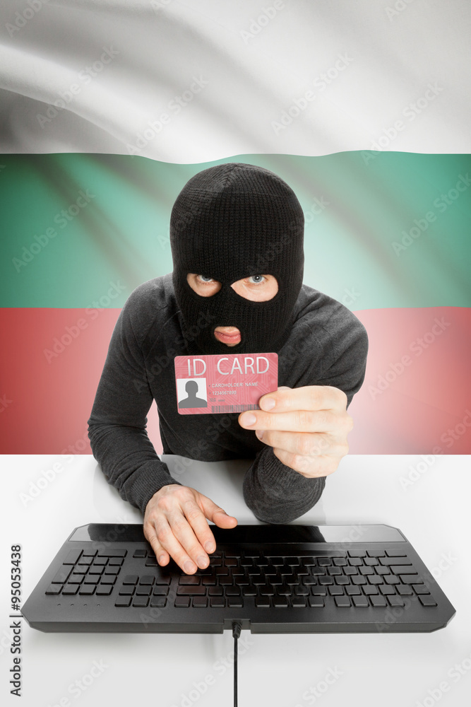Hacker with flag on background holding ID card in hand - Bulgaria Hacker with flag on background holding ID card in hand - Bulgaria