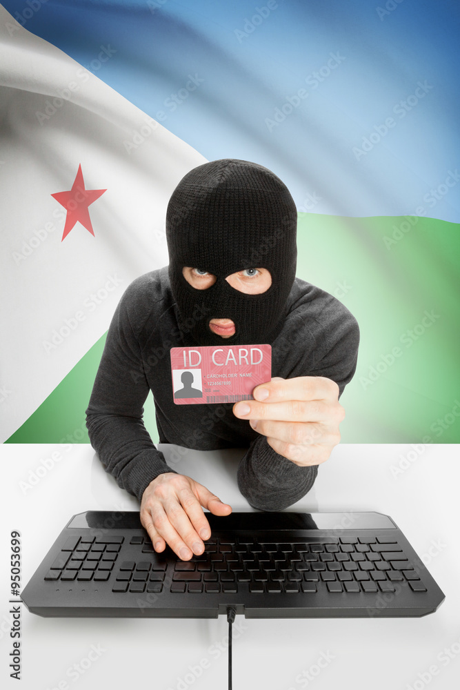 Hacker with flag on background holding ID card in hand - Djibouti Hacker with flag on background holding ID card in hand - Djibouti