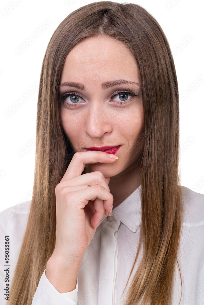 Closeup portrait of sad and depressed woman isolated on white Closeup portrait of sad and depressed woman isolated on white