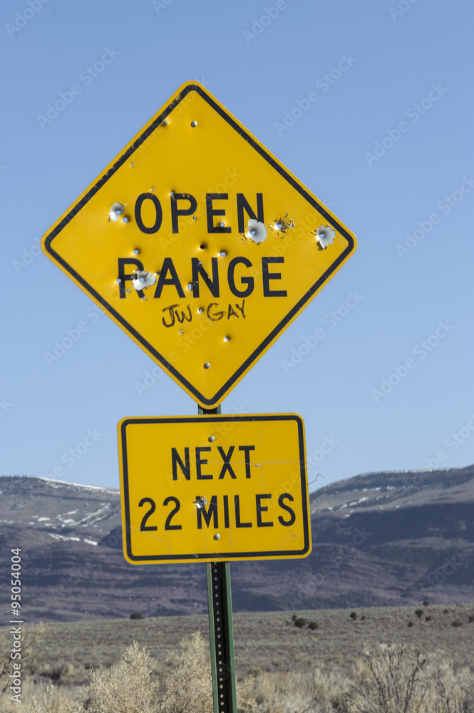 Bullet-riddled road sign, Sand Wash Basin, Colorado, USA