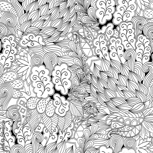 Tracery seamless, loops, doodle wind pattern. Paisley, winding stem, spiral, wave, bud mehndi design. Handmade texture, curved, black and white. Good for site background, textile, printing. Vector.