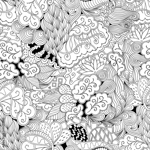 Tracery seamless, loops, doodle wind pattern. Paisley, winding stem, spiral, wave, bud mehndi design. Handmade texture, curved, black and white. Good for site background, textile, printing. Vector.