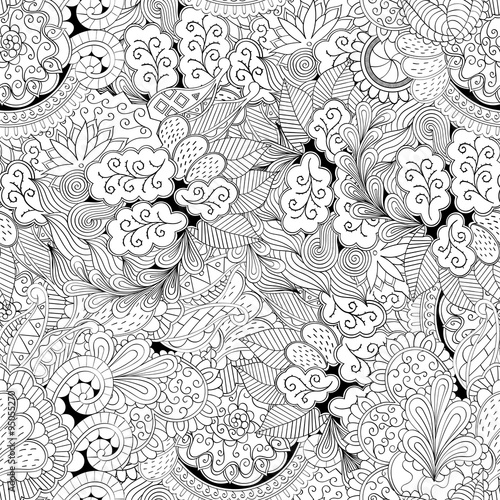Tracery seamless, loops, doodle wind pattern. Paisley, winding stem, spiral, wave, bud mehndi design. Handmade texture, curved, black and white. Good for site background, textile, printing. Vector.
