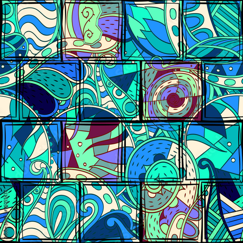 Tracery seamless, loops, doodle wind pattern in the style of stained glass. Paisley, winding stem, spiral, wave, bud mehndi design. Handmade doodling design. For site background, printing. Vector.