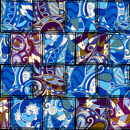 Tracery seamless, loops, doodle wind pattern in the style of stained glass. Paisley, winding stem, spiral, wave, bud mehndi design. Handmade doodling design. For site background, printing. Vector.