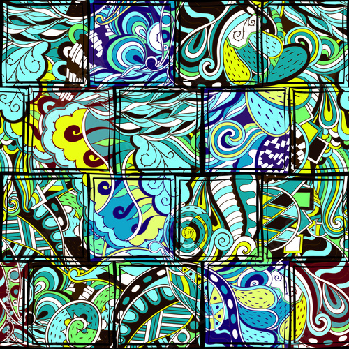Tracery seamless, loops, doodle wind pattern in the style of stained glass. Paisley, winding stem, spiral, wave, bud mehndi design. Handmade doodling design. For site background, printing. Vector.