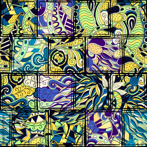 Tracery seamless, loops, doodle wind pattern in the style of stained glass. Paisley, winding stem, spiral, wave, bud mehndi design. Handmade doodling design. For site background, printing. Vector.