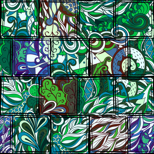 Tracery seamless, loops, doodle wind pattern in the style of stained glass. Paisley, winding stem, spiral, wave, bud mehndi design. Handmade doodling design. For site background, printing. Vector.