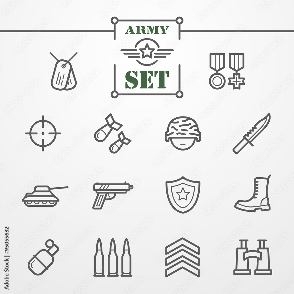 Collection of thin line icons - army and military theme Stock Vector ...