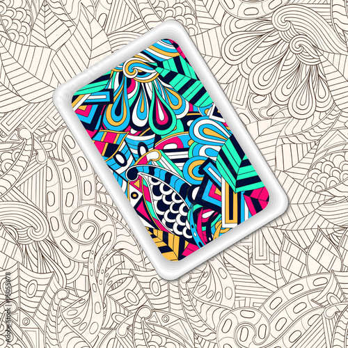 Abstract object with screen. Doodle pattern as background. Bud mehndi design. Handmade texture, curved doodling design. Good for site background, textile, printing. Vector.