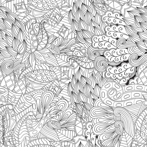 Tracery seamless, loops, doodle wind pattern. Paisley, winding stem, spiral, wave, bud mehndi design. Handmade texture, curved, black and white. Good for site background, textile, printing. Vector.