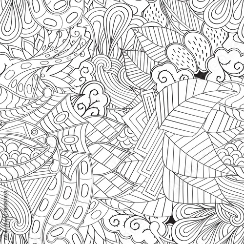 Tracery seamless, loops, doodle wind pattern. Paisley, winding stem, spiral, wave, bud mehndi design. Handmade texture, curved, black and white. Good for site background, textile, printing. Vector.