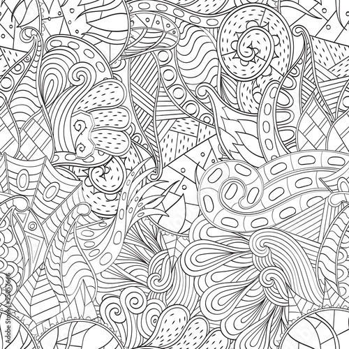 Tracery seamless, loops, doodle wind pattern. Paisley, winding stem, spiral, wave, bud mehndi design. Handmade texture, curved, black and white. Good for site background, textile, printing. Vector.