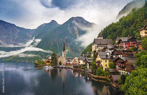 Scenic picture-postcard view of famous Hallstatt mountain village with Hallstaetter Lake in the Austrian Alps  region of Salzkammergut  Austria
