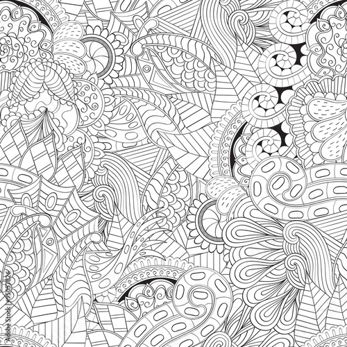 Tracery seamless, loops, doodle wind pattern. Paisley, winding stem, spiral, wave, bud mehndi design. Handmade texture, curved, black and white. Good for site background, textile, printing. Vector.