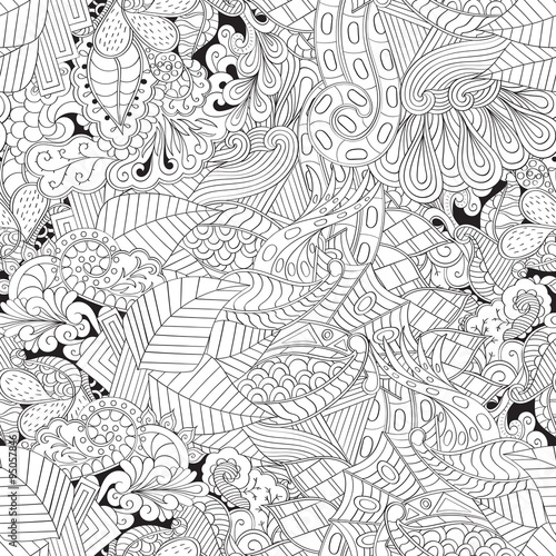 Tracery seamless, loops, doodle wind pattern. Paisley, winding stem, spiral, wave, bud mehndi design. Handmade texture, curved, black and white. Good for site background, textile, printing. Vector.