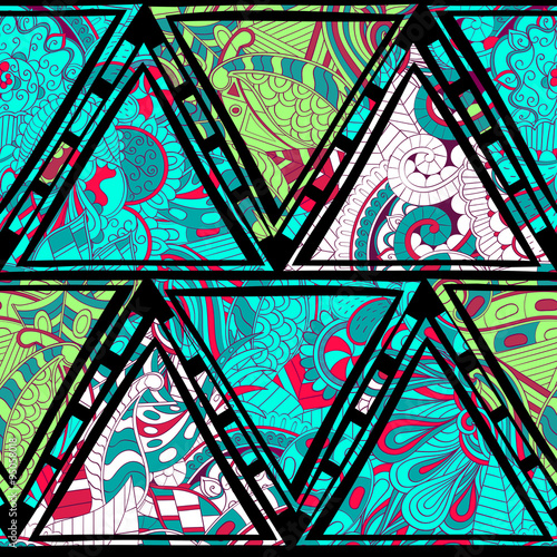 Tracery seamless, loops, doodle wind pattern in the style of stained glass. Paisley, winding stem, spiral, wave, bud mehndi design. Handmade doodling design. For site background, printing. Vector.