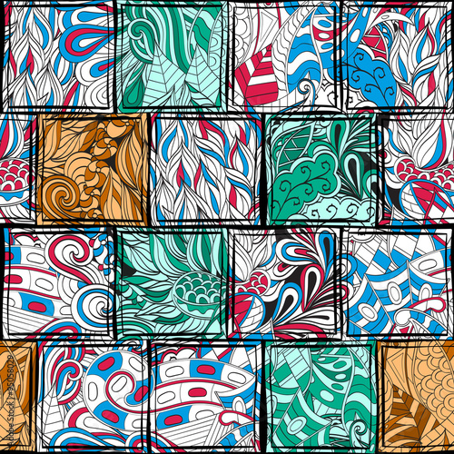 Tracery seamless, loops, doodle wind pattern in the style of stained glass. Paisley, winding stem, spiral, wave, bud mehndi design. Handmade doodling design. For site background, printing. Vector.