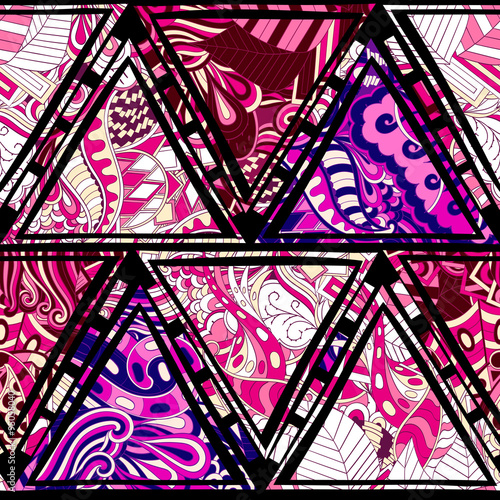 Tracery seamless, loops, doodle wind pattern in the style of stained glass. Paisley, winding stem, spiral, wave, bud mehndi design. Handmade doodling design. For site background, printing. Vector.