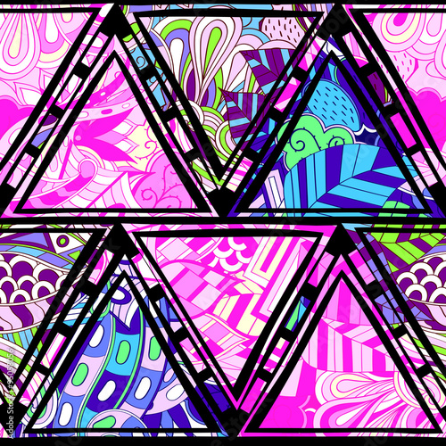 Tracery seamless, loops, doodle wind pattern in the style of stained glass. Paisley, winding stem, spiral, wave, bud mehndi design. Handmade doodling design. For site background, printing. Vector.