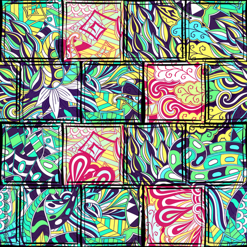 Tracery seamless, loops, doodle wind pattern in the style of stained glass. Paisley, winding stem, spiral, wave, bud mehndi design. Handmade doodling design. For site background, printing. Vector.