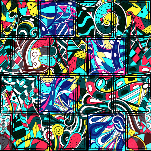 Tracery seamless, loops, doodle wind pattern in the style of stained glass. Paisley, winding stem, spiral, wave, bud mehndi design. Handmade doodling design. For site background, printing. Vector.