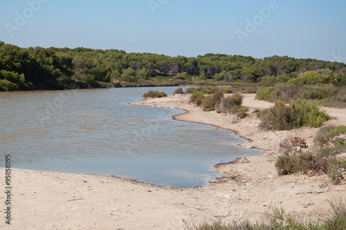 Salt marshes near Es Trenc beach on a sunny summer day in Mallorca, Balearic islands, Spain.