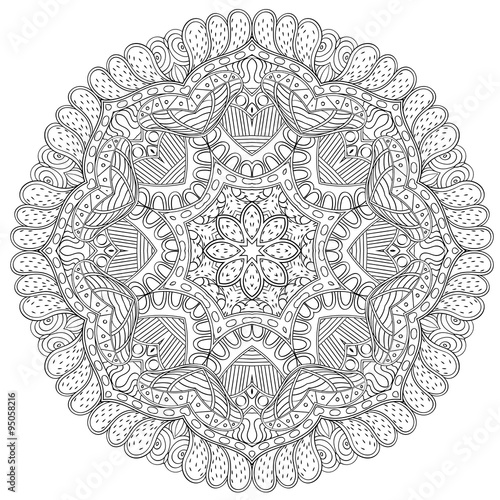 Mehndi mandala tracery wheel design. Handmade natural mood texture. Paisley, winding stem, bud mehndi doodle. Curved lines, doodling design. Good for plates, dish, tableware.