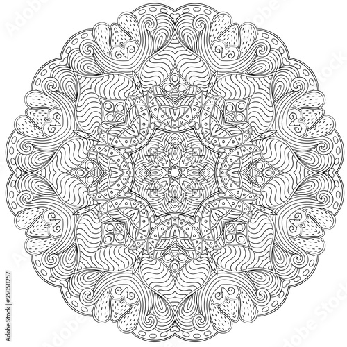 Mehndi mandala tracery wheel design. Handmade natural mood texture. Paisley, winding stem, bud mehndi doodle. Curved lines, doodling design. Good for plates, dish, tableware.