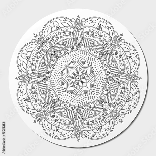 Mehndi mandala tracery wheel design. Handmade natural mood texture. Paisley, winding stem, bud mehendi doodle. Curved lines, doodling design. Good for plates, dish, tableware. Vector.