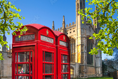 Red British telephone box in front of King's chapel, Cambridge