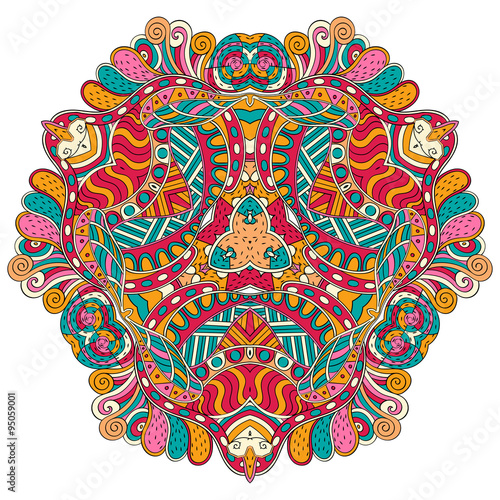 Mehndi mandala tracery wheel design. Handmade natural mood texture. Paisley, winding stem, bud mehendi doodle. Curved lines, doodling design. Good for plates, dish, tableware. Vector.