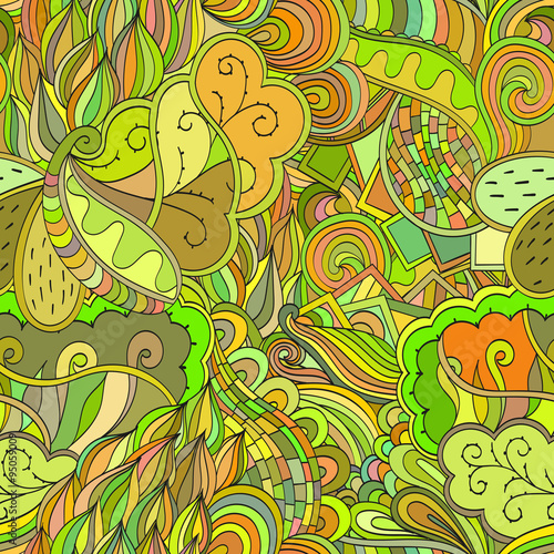 Tracery seamless, loops, doodle wind pattern. Mehendi paisley, stem, spiral, wave. Bud mehndi design. Handmade texture, curved doodling design. Good for site background, textile, printing. Vector.