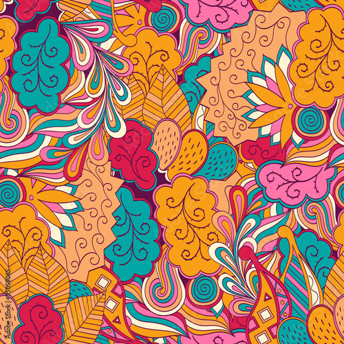 Tracery seamless, loops, doodle wind pattern. Mehendi paisley, stem, spiral, wave. Bud mehndi design. Handmade texture, curved doodling design. Good for site background, textile, printing. Vector.