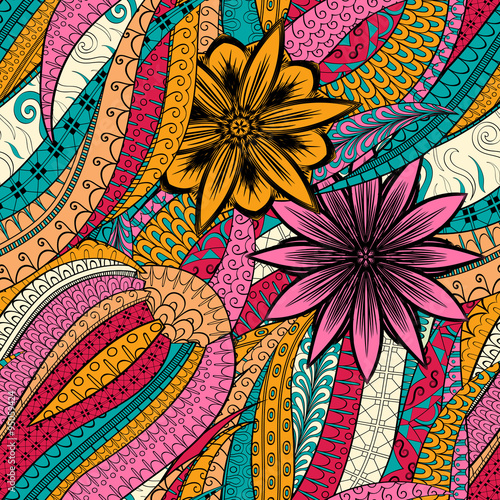 Tracery seamless calming orange pattern with blue and red. Mehendi design. Neat even colorful harmonious doodle texture. Indifferent discreet. Ambitious bracing usable, curved doodling mehndi. Vector.