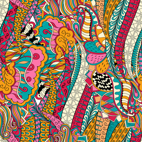 Tracery seamless calming orange pattern with blue and red. Mehendi design. Neat even colorful harmonious doodle texture. Indifferent discreet. Ambitious bracing usable, curved doodling mehndi. Vector.