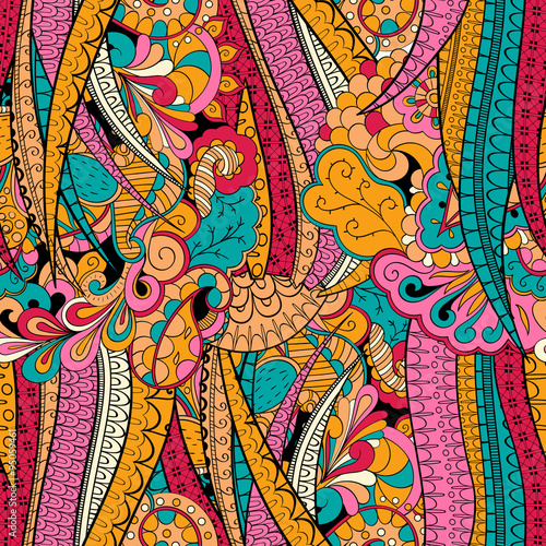 Tracery seamless calming orange pattern with blue and red. Mehendi design. Neat even colorful harmonious doodle texture. Indifferent discreet. Ambitious bracing usable, curved doodling mehndi. Vector.