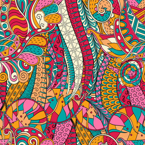 Tracery seamless calming orange pattern with blue and red. Mehendi design. Neat even colorful harmonious doodle texture. Indifferent discreet. Ambitious bracing usable, curved doodling mehndi. Vector.