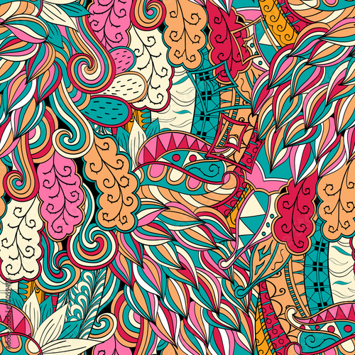Tracery seamless calming orange pattern with blue and red. Mehendi design. Neat even colorful harmonious doodle texture. Indifferent discreet. Ambitious bracing usable, curved doodling mehndi. Vector.