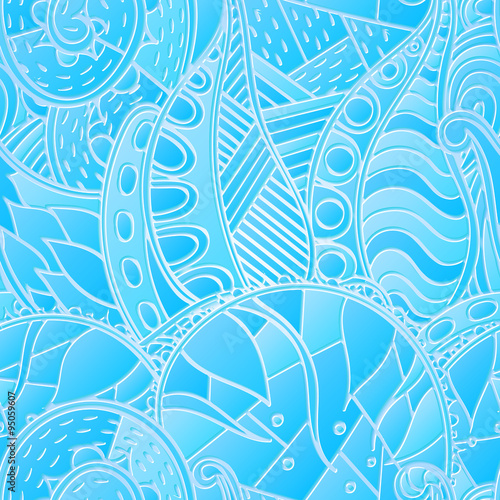 Tracery seamless calming blue pattern. Mehendi design. Neat even harmonious doodle texture. Ambitious bracing usable handmade, discreet curved doodling mehndi. Indifferent faded motif. Vector.
